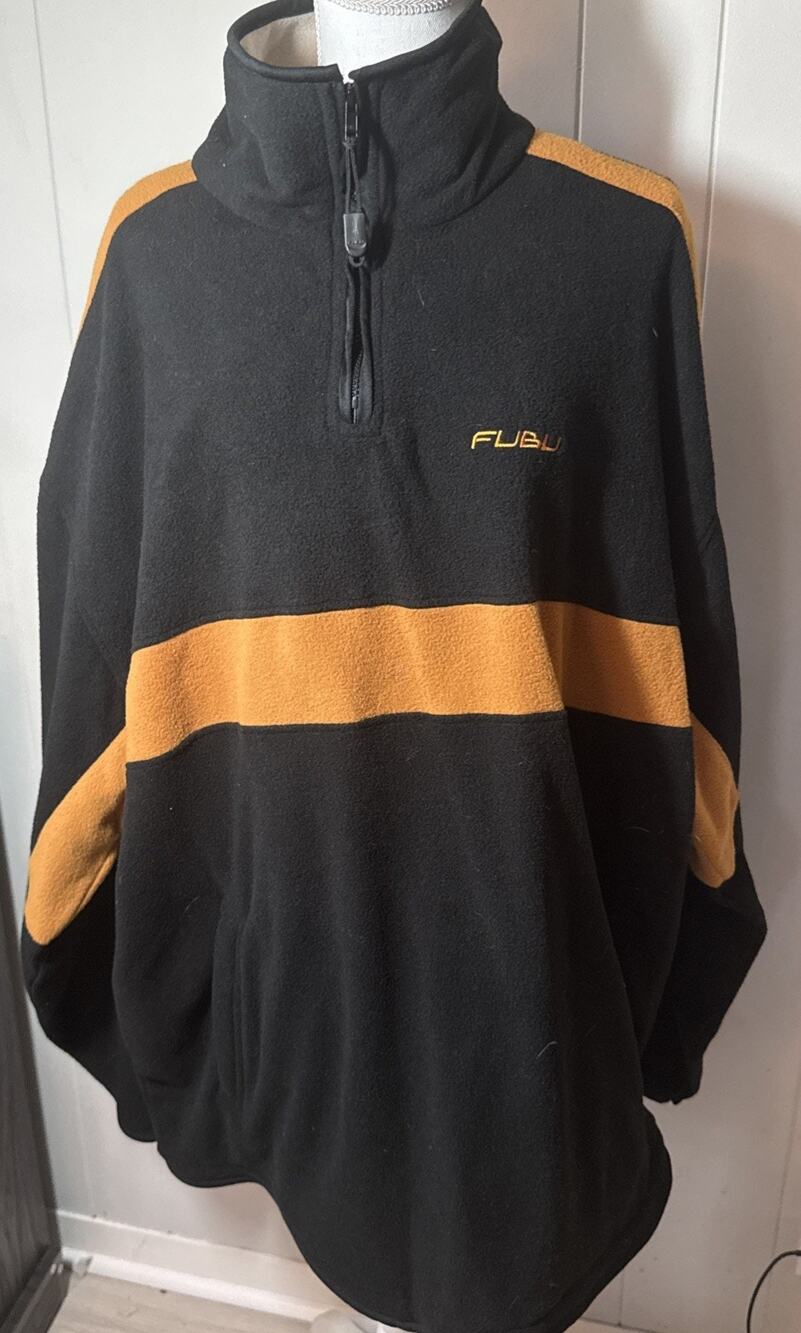 Vintage FUBU Fleece Pullover Jacket Sz 2XL Black/Yellow 1/4 Zip Hi-Lo RR